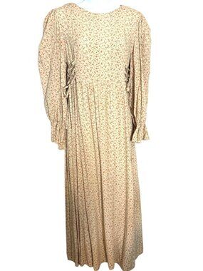 Cottage Ditsy Floral Maxi Dress Large Beige Ruffle Sleeve Side Ties Boho Prairie